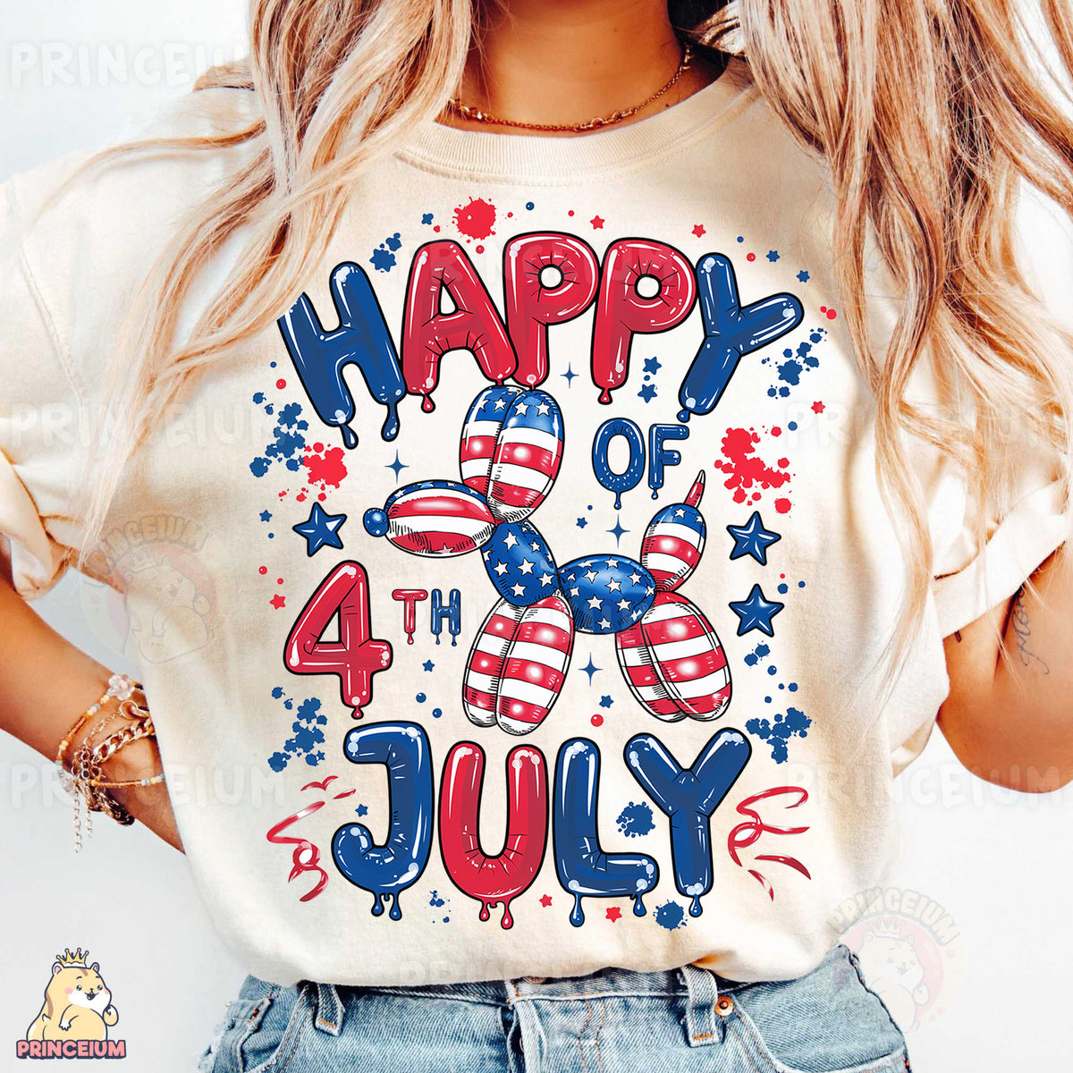 a woman wearing a happy fourth of july t - shirt