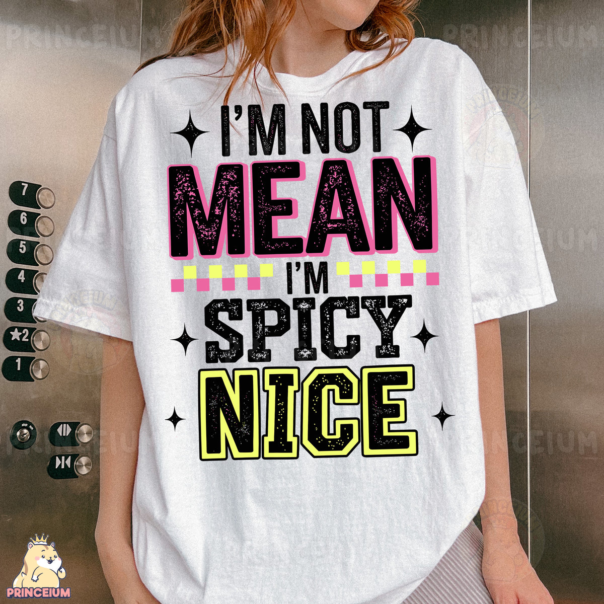 a woman wearing a t - shirt that says i'm not mean i '