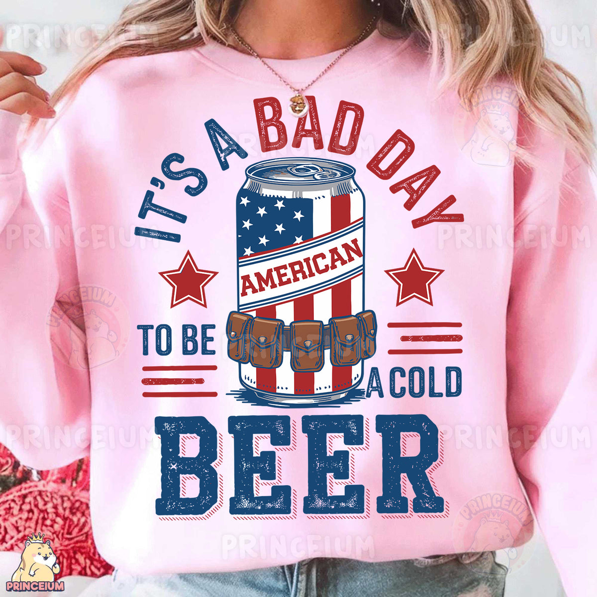 a woman wearing a pink sweatshirt that says it's a bad day to be