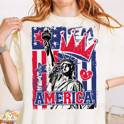 a woman wearing a t - shirt with the statue of liberty on it