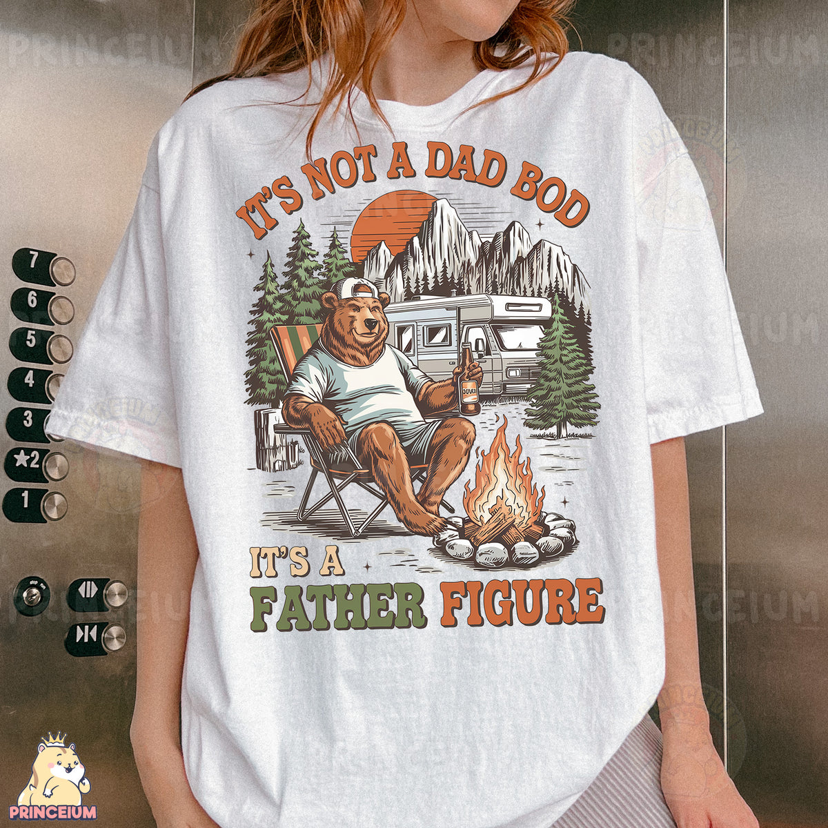 a woman wearing a t - shirt that says it's not a dad bo