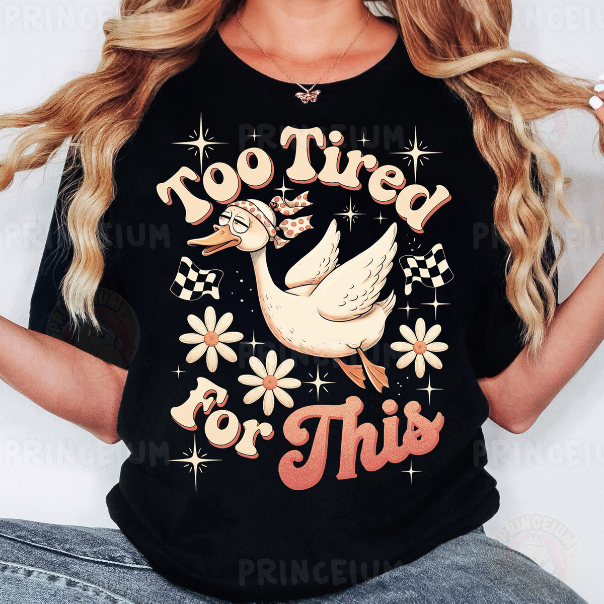 a woman wearing a t - shirt that says too tired for this