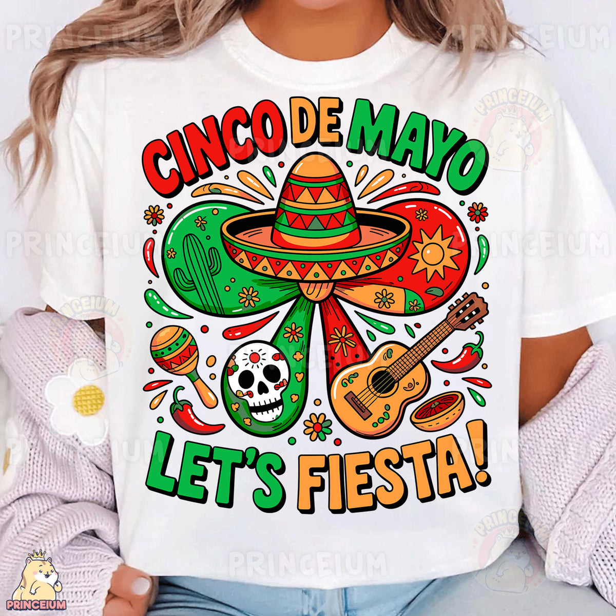 a woman wearing a white shirt with a mexican design