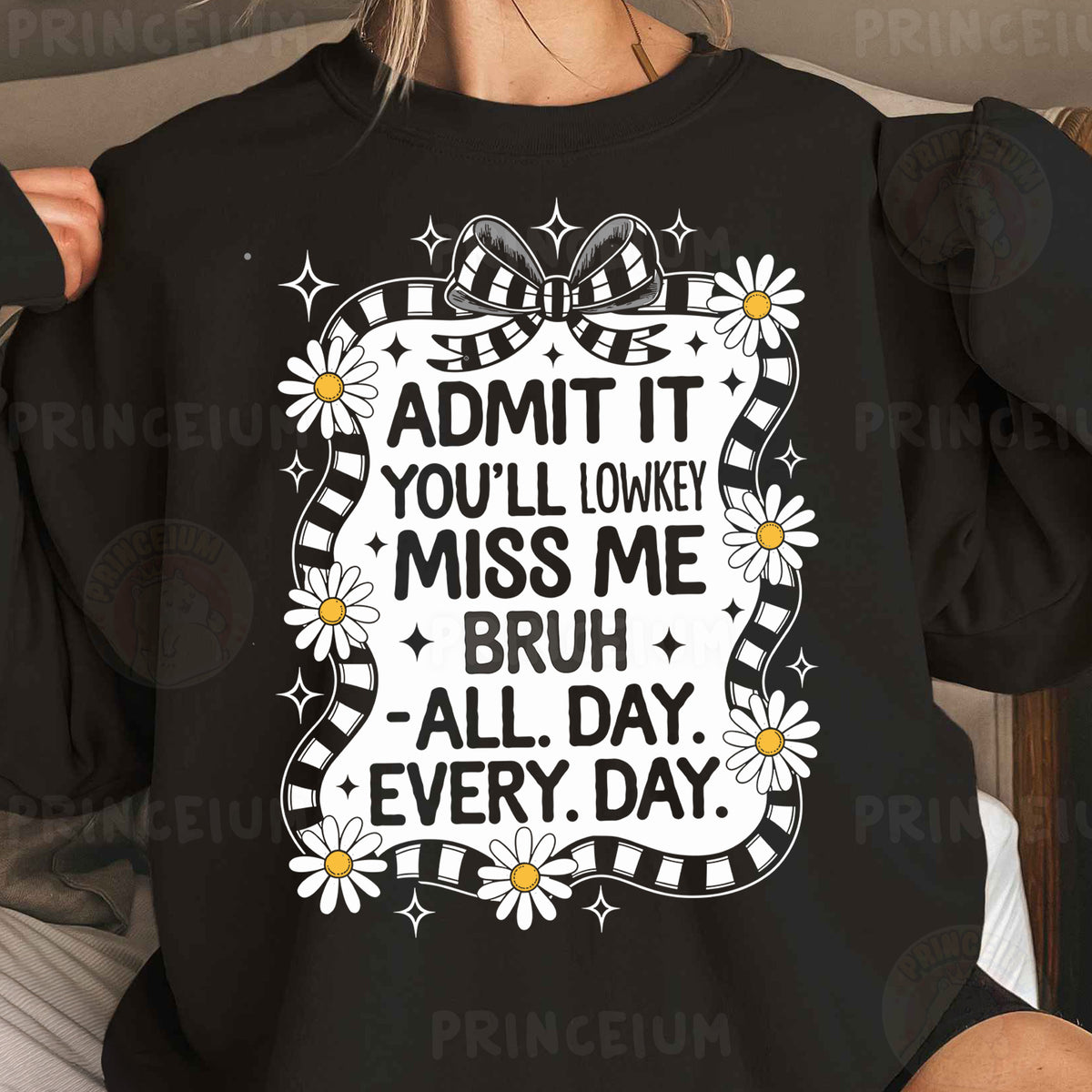 a woman wearing a black sweatshirt that says admit it you'll lokyy