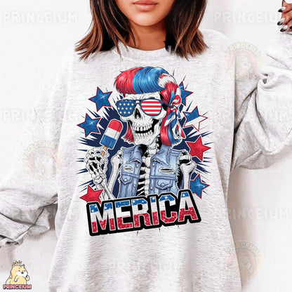 a woman wearing a sweatshirt with an american skull on it