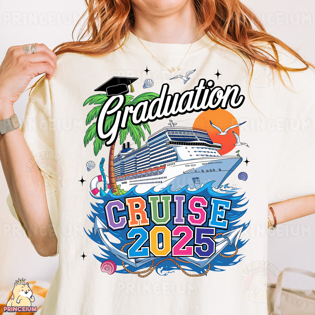 a woman wearing a graduation t - shirt with a cruise ship on it