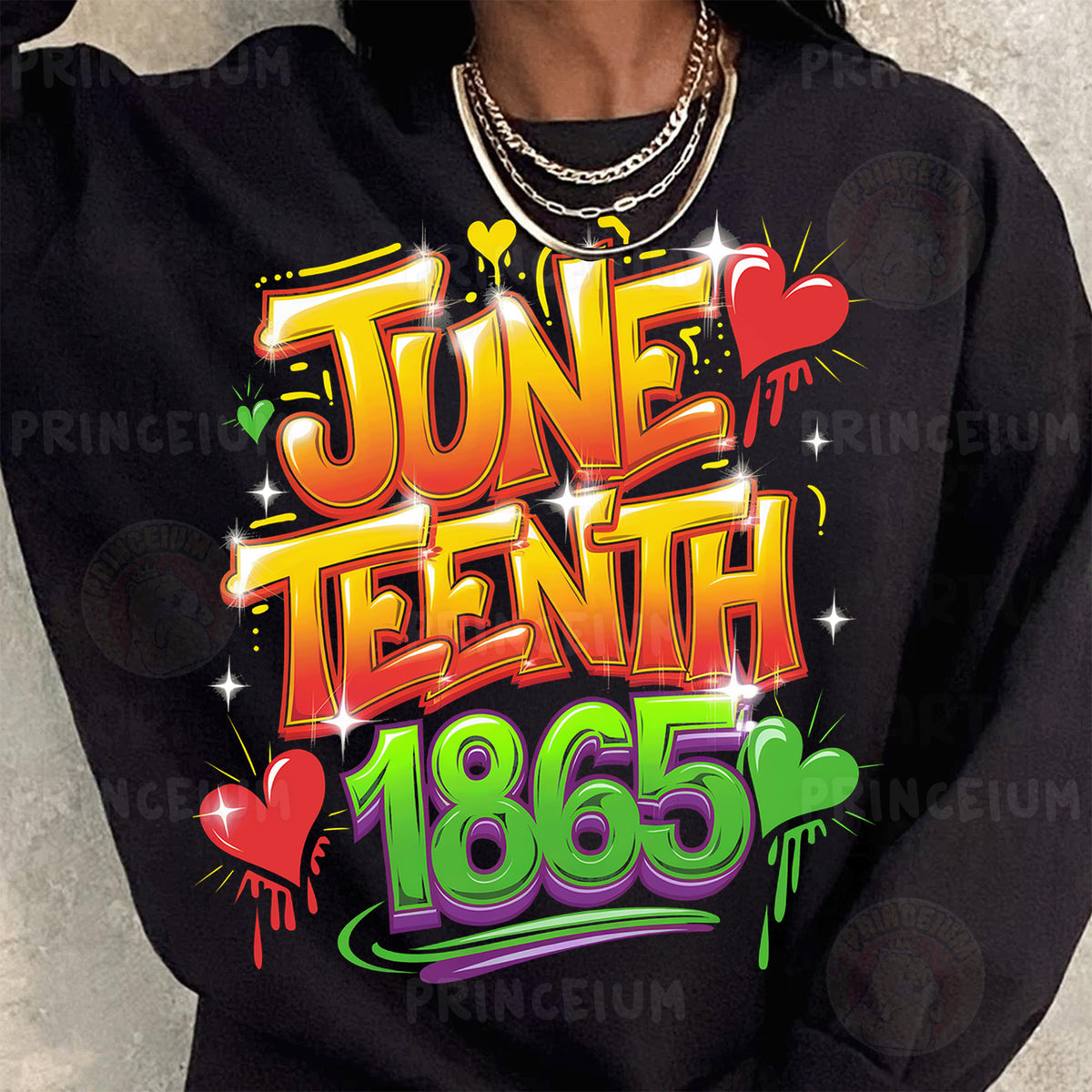 a woman wearing a black sweatshirt with the word june tenth printed on it