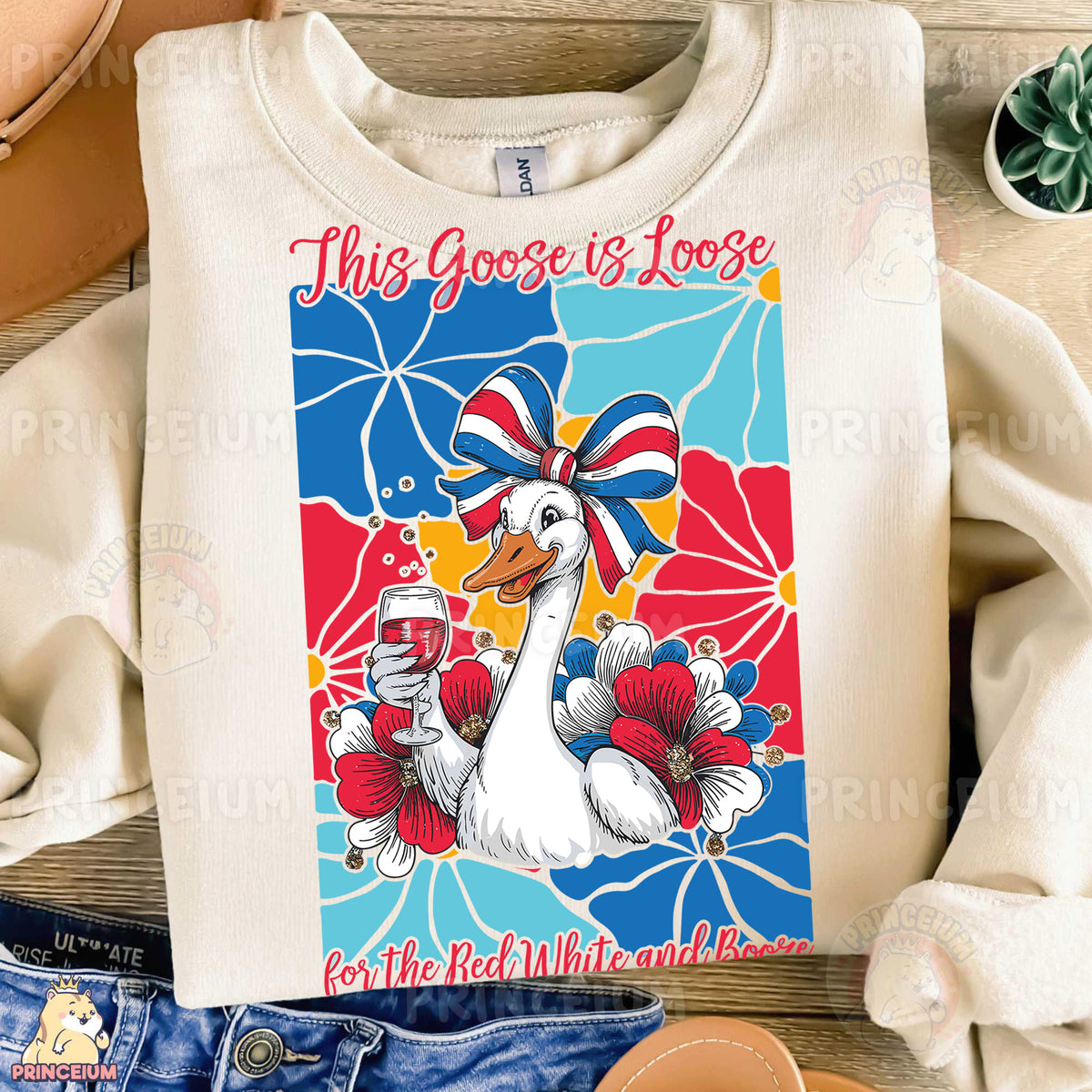 a t - shirt with a goose holding a glass of wine