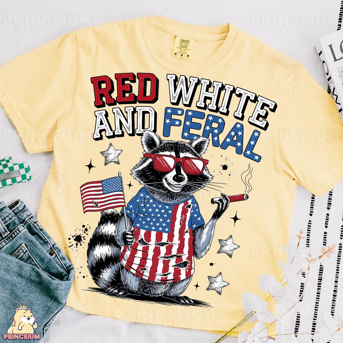 a raccoon wearing a red, white and blue shirt