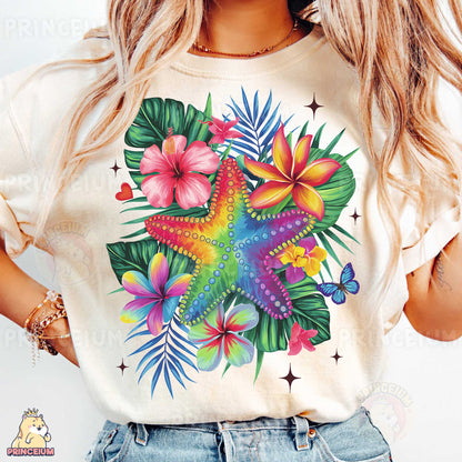a woman wearing a t - shirt with a starfish and flowers on it