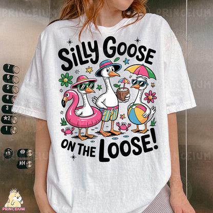 a woman wearing a silly goose on the loose t - shirt