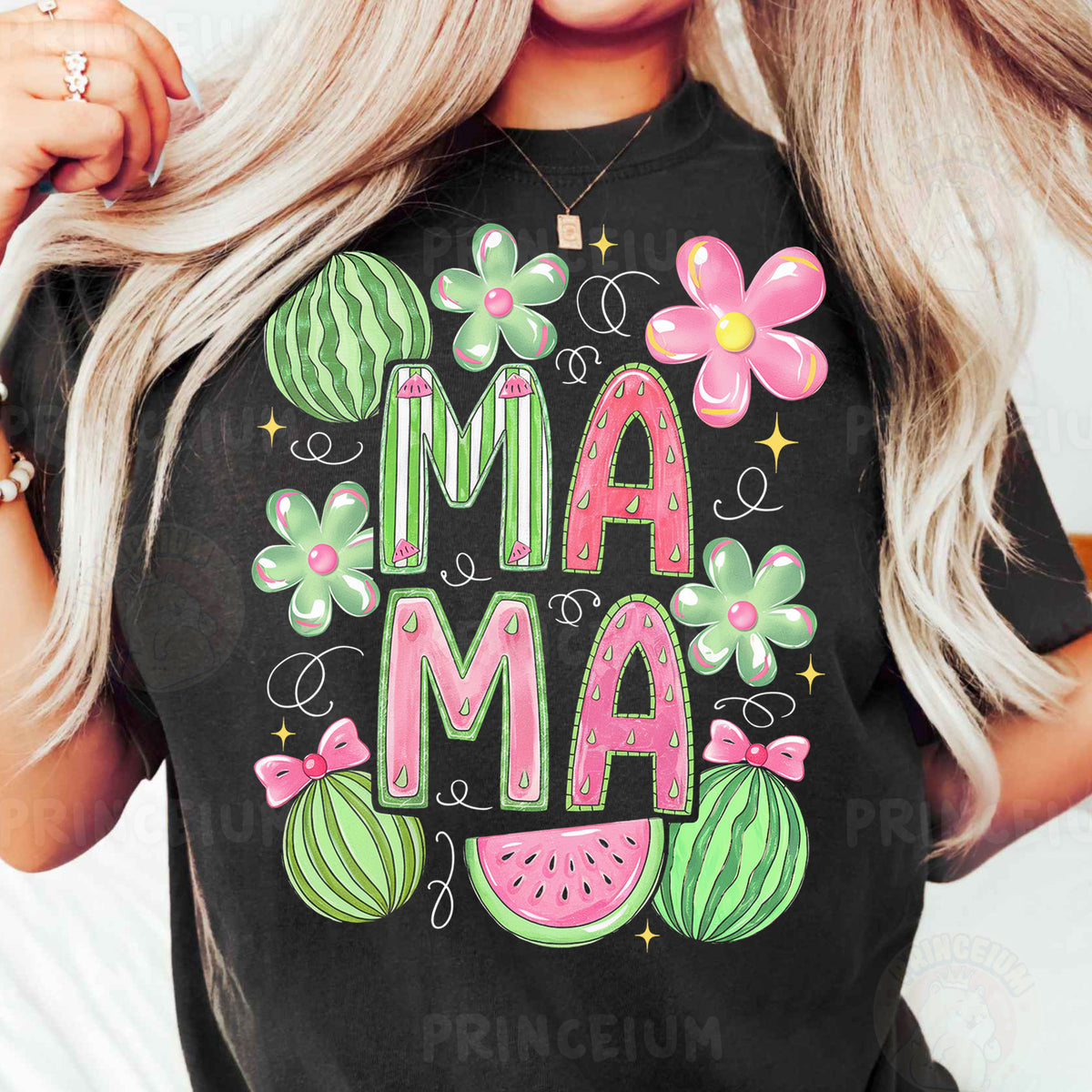 a woman wearing a t - shirt that says i'm a mama