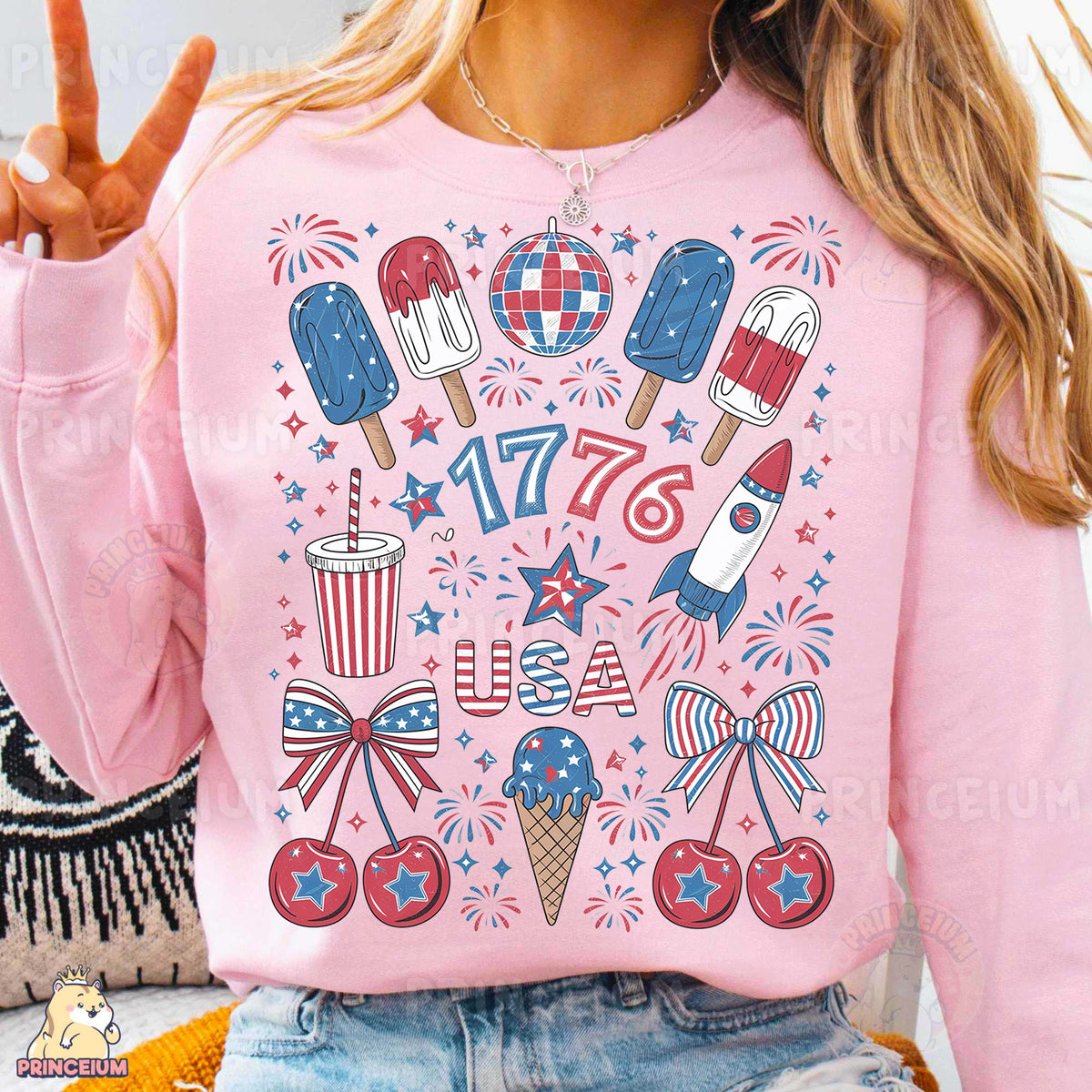 a woman wearing a pink shirt with patriotic symbols on it