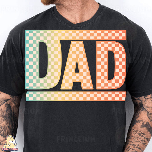 a man wearing a black shirt with the word dad printed on it