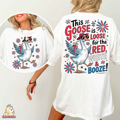 a woman wearing a white t - shirt with a picture of a goose on it