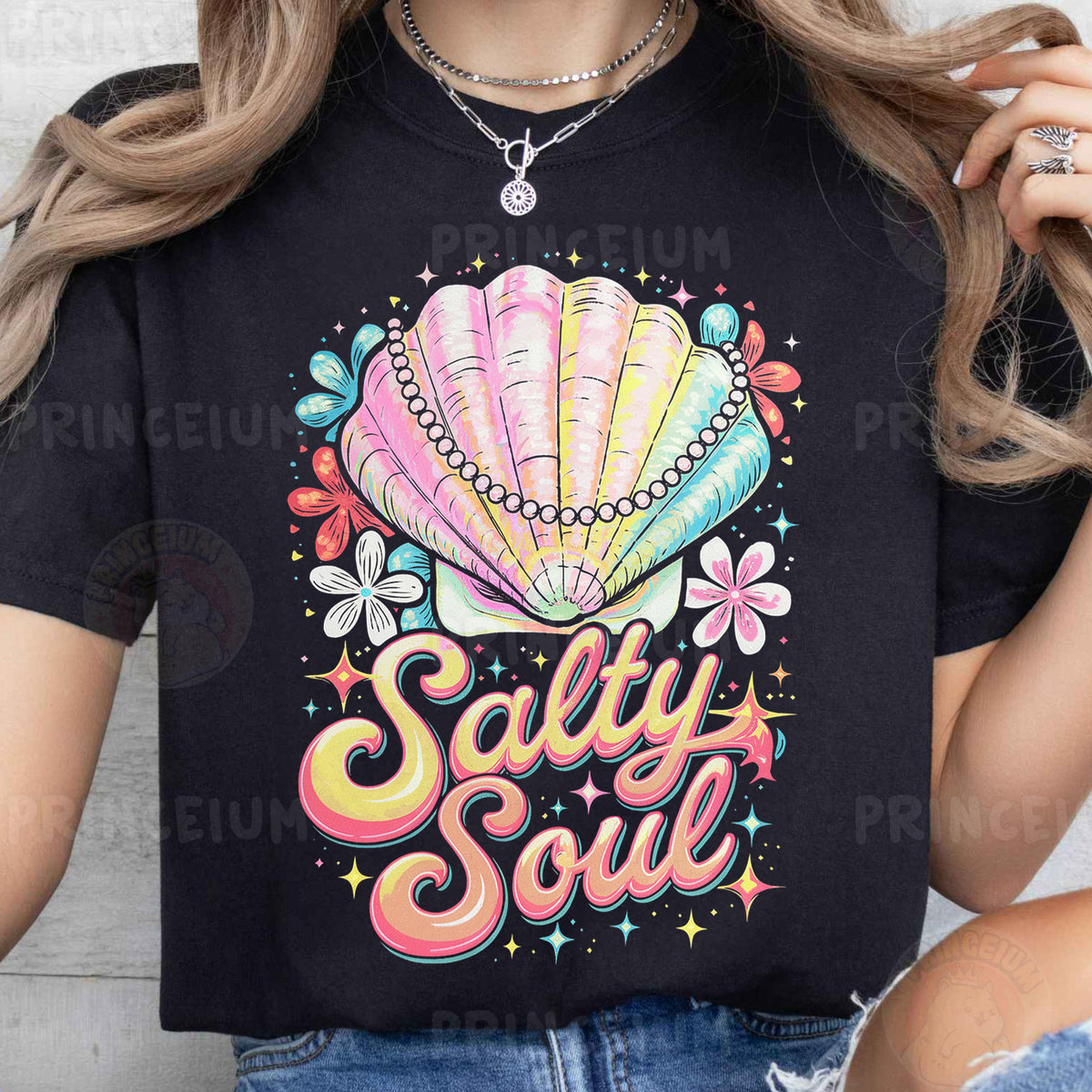 a woman wearing a t - shirt that says salty soul