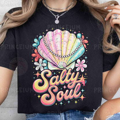 a woman wearing a t - shirt that says salty soul