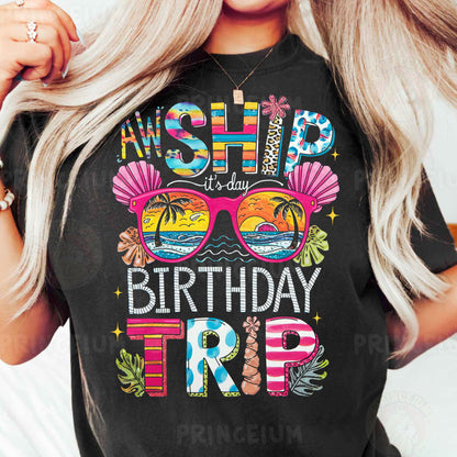 a woman wearing a black shirt that says, she is a happy birthday trip