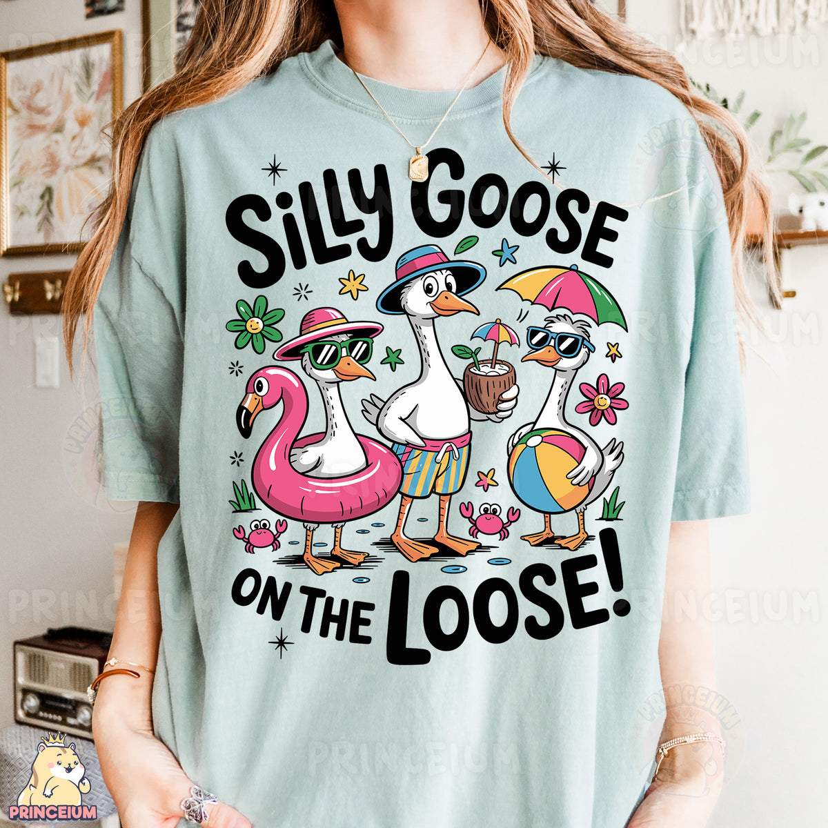 a woman wearing a silly goose on the loose t - shirt