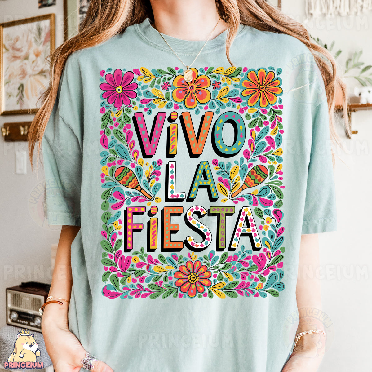 a woman wearing a t - shirt that says vivo la fiesta