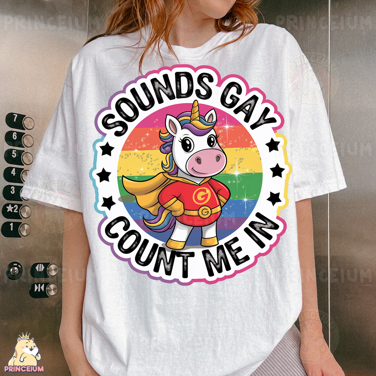 a woman wearing a t - shirt that says sounds gay count me in