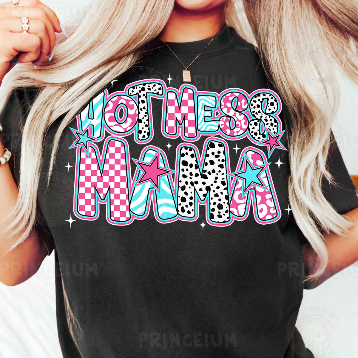 a woman wearing a black shirt that says mother mama