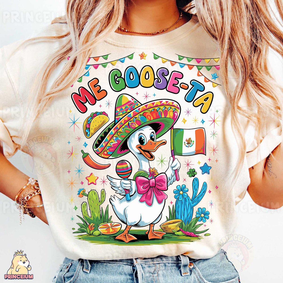 a woman wearing a t - shirt with a duck wearing a sombrero