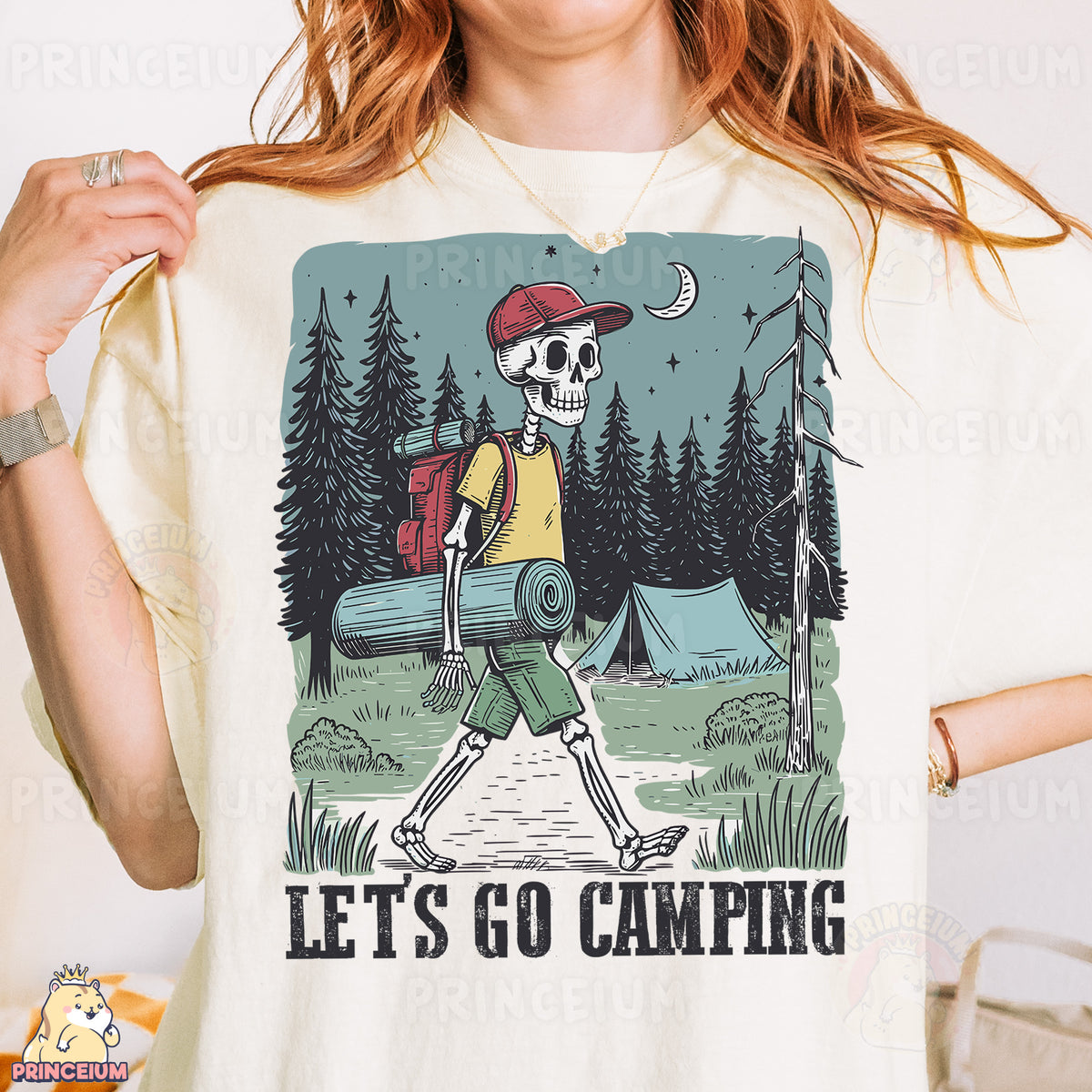 a woman wearing a t - shirt that says let's go camping