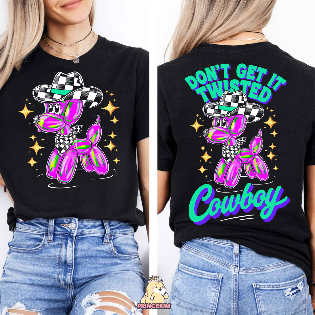 a woman wearing a black shirt with a pink teddy bear on it