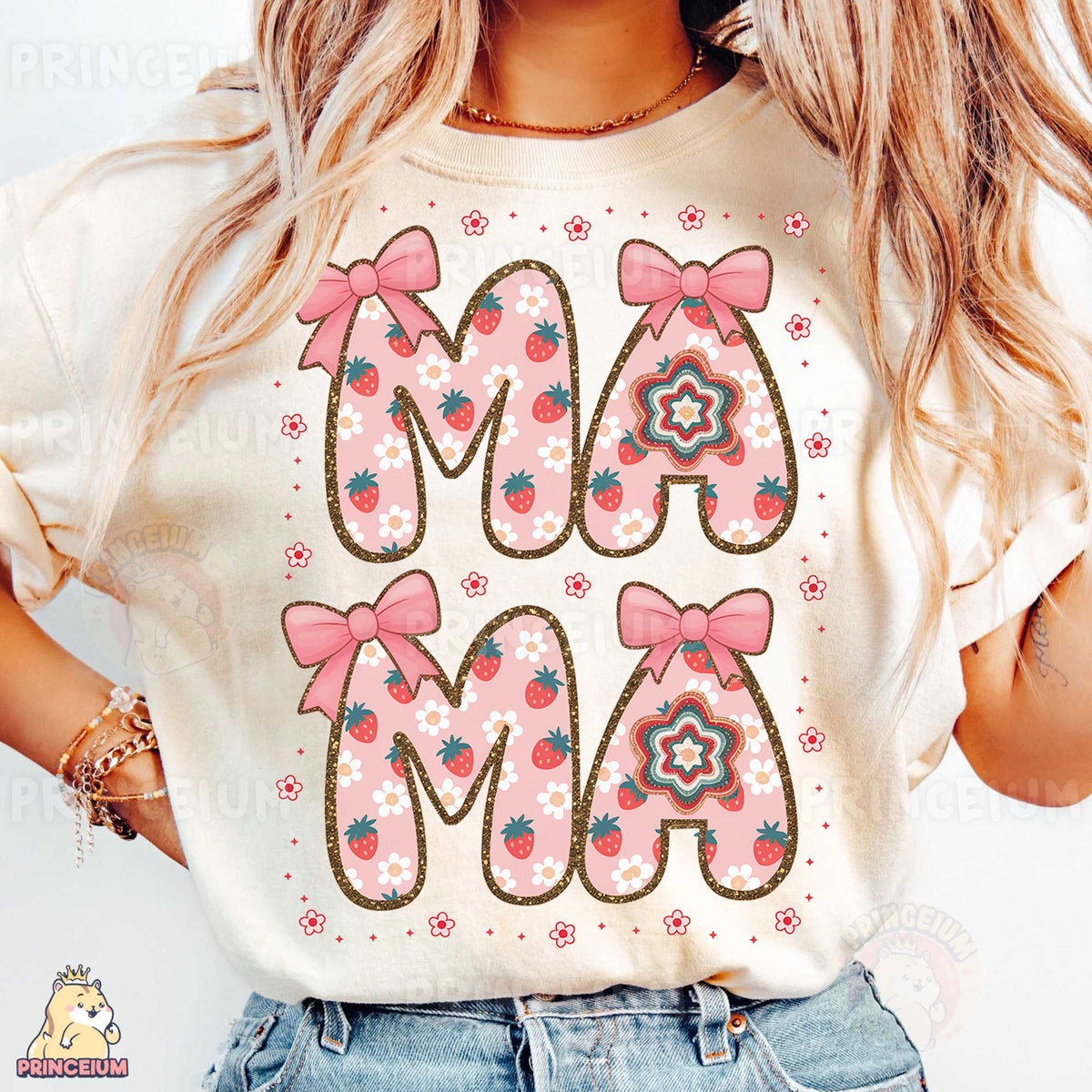 a woman wearing a t - shirt with the word mom on it