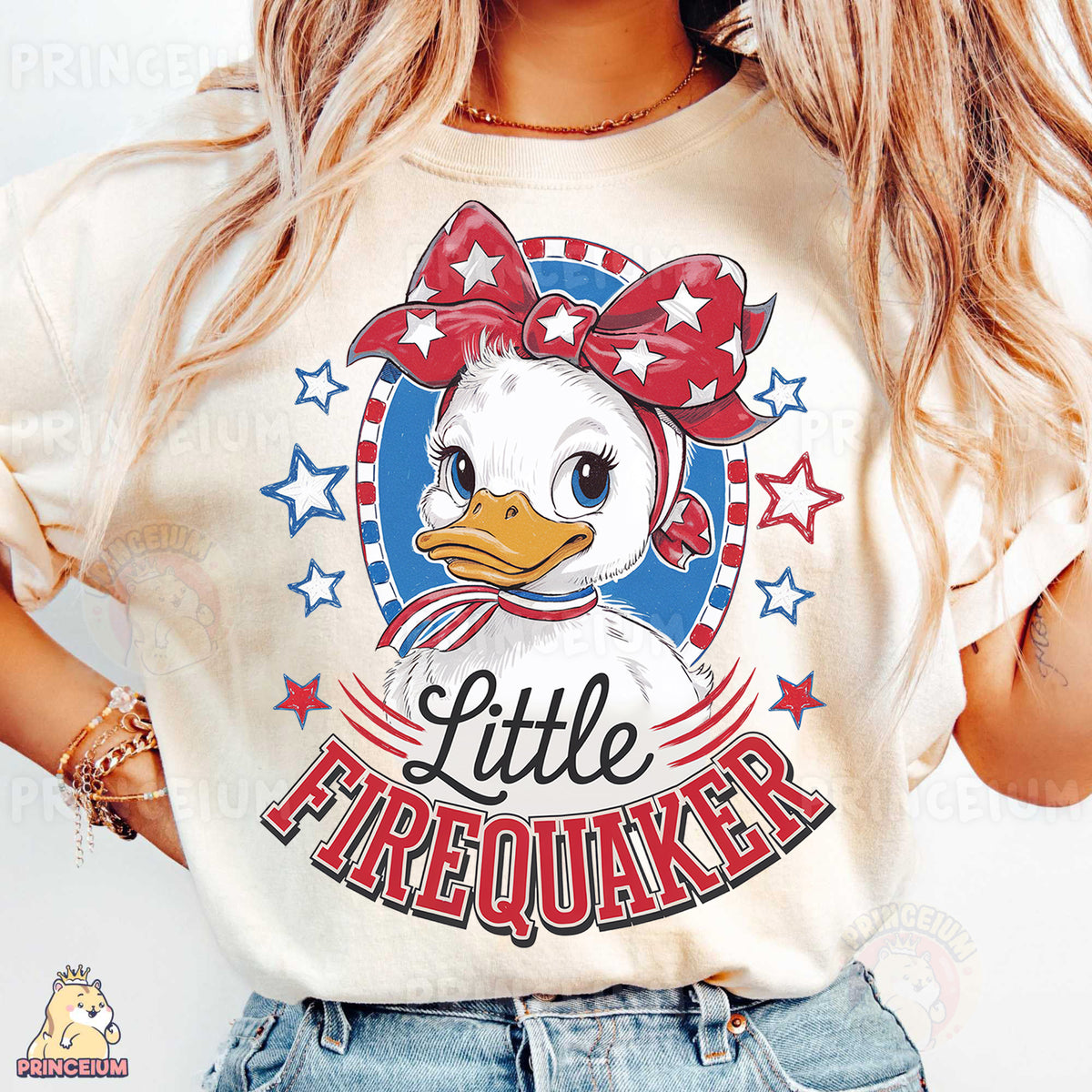 a woman wearing a t - shirt with a duck on it