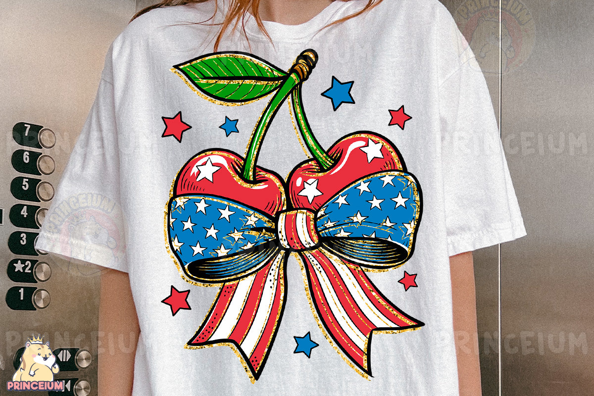 a white shirt with a red, white, and blue bow on it