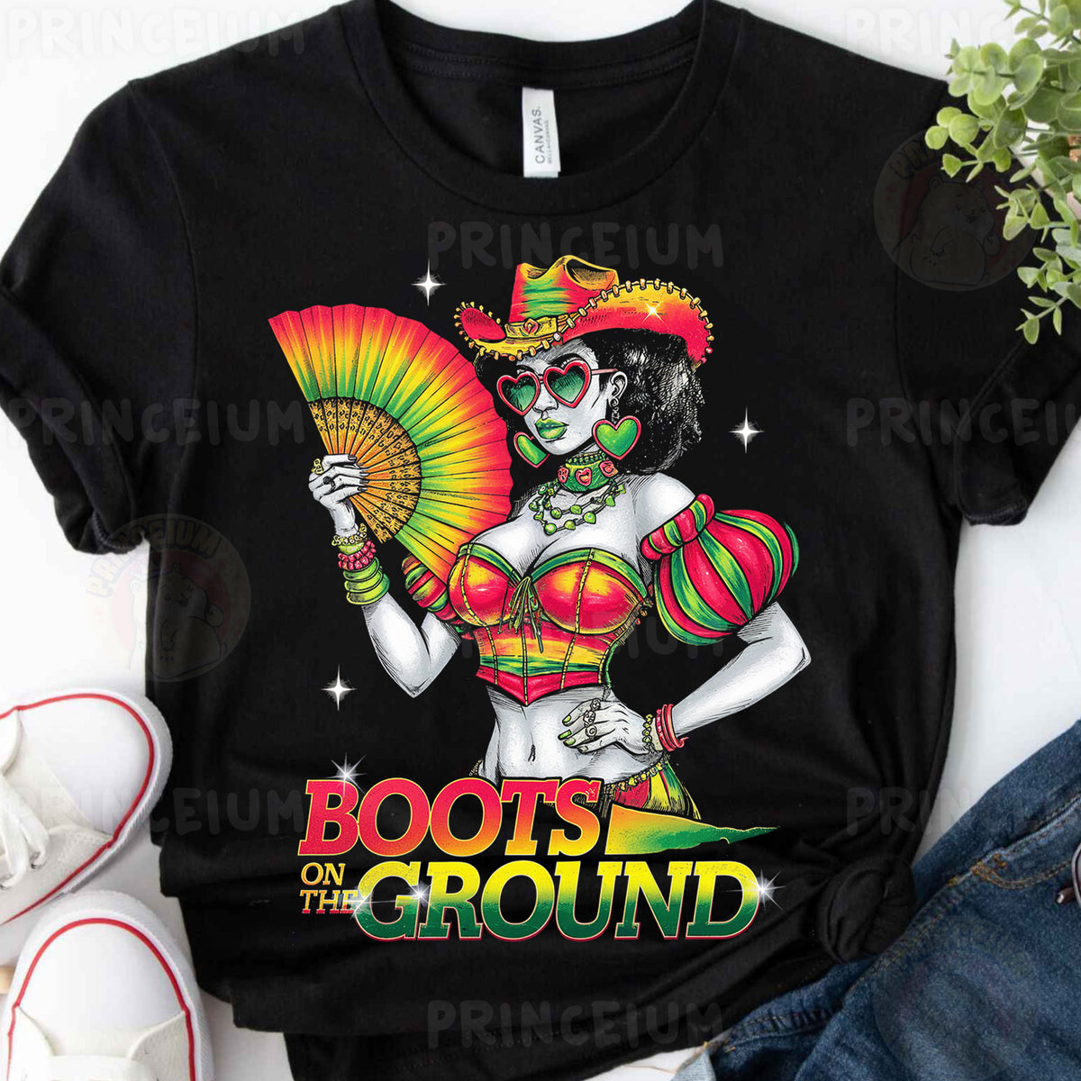 a woman with a fan in her hand wearing a shirt that says boots on the