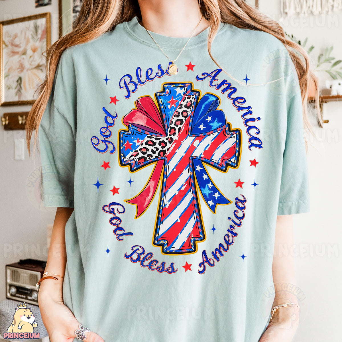a woman wearing a t - shirt with a cross on it