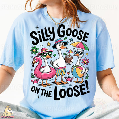 a woman wearing a silly goose on the loose t - shirt