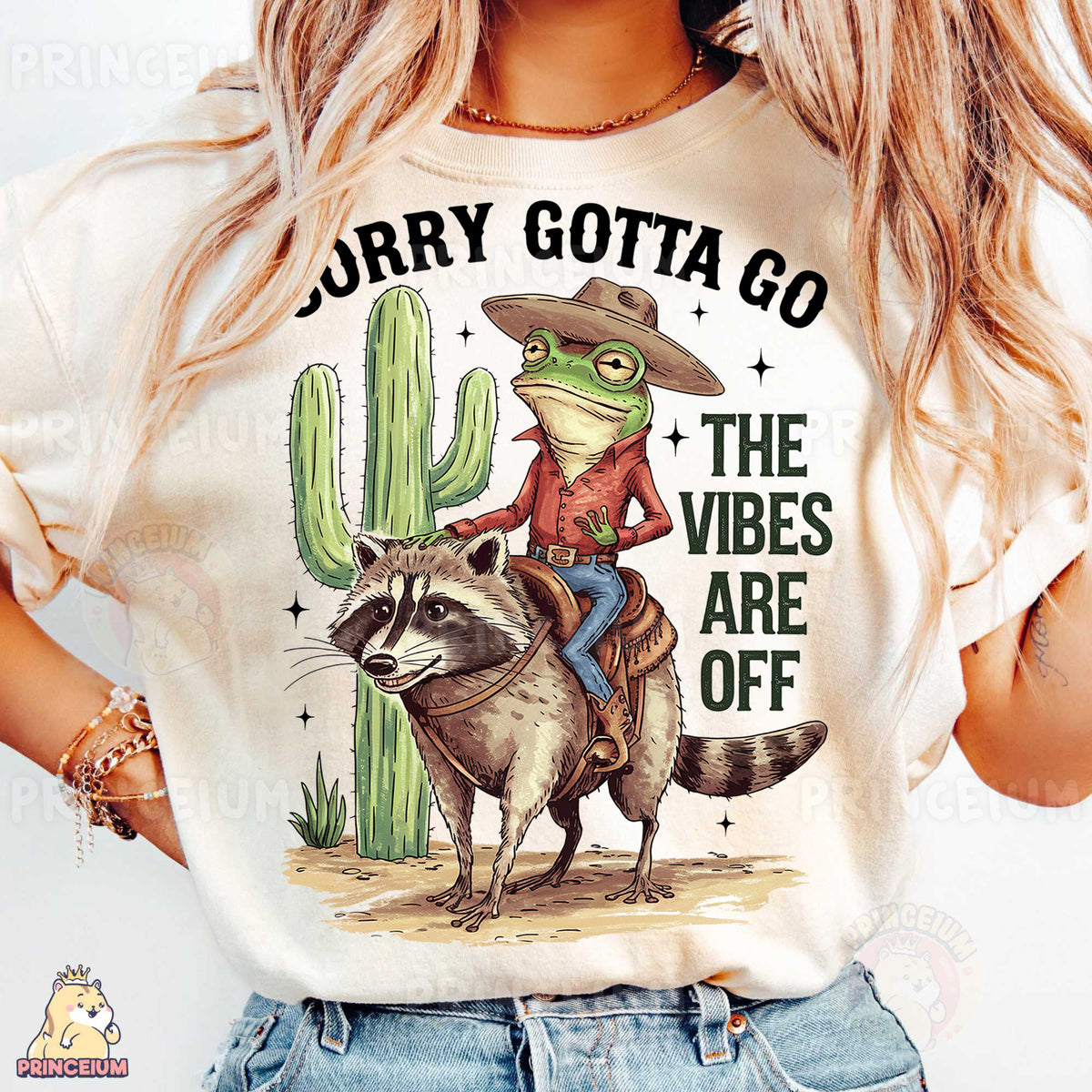 a woman wearing a t - shirt with a racoon on it
